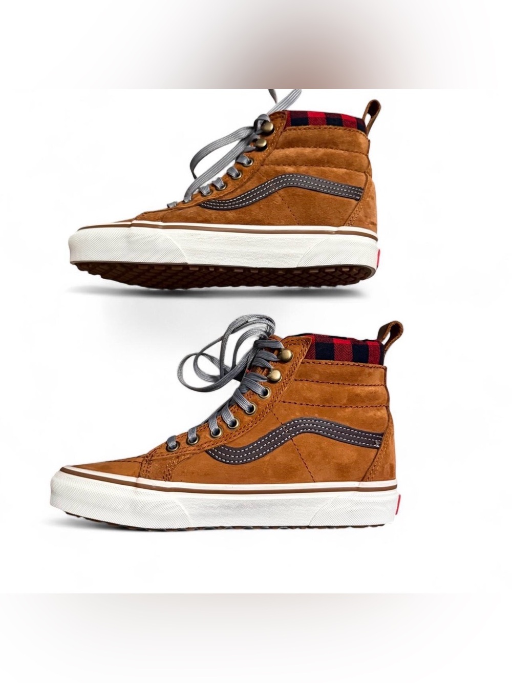 Vans Brown Suede High-Top Sneakers with Red Plaid Collar